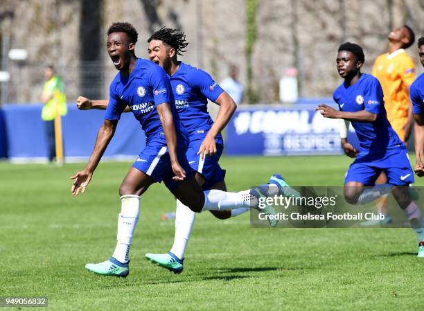 Callum Hudson-Odoi of Chelsea leads the celebrations after winning the game the at the Chelsea FC v FC Porto - UEFA Youth League Semi Final at...