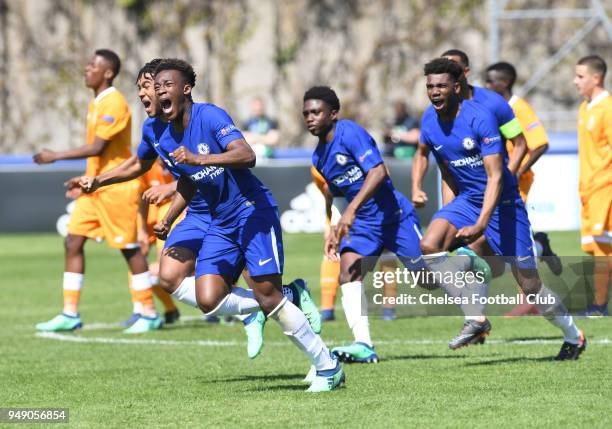 Callum Hudson-Odoi of Chelsea leads the celebrations after winning the game the at the Chelsea FC v FC Porto - UEFA Youth League Semi Final at...