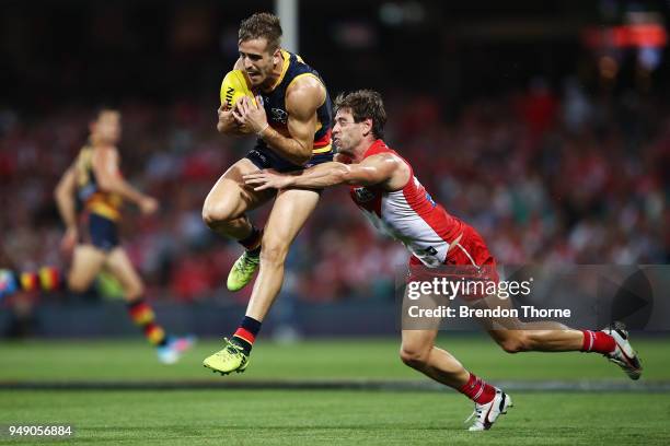 Jordan Galluci of the Crows grabs a mark during the round five AFL match between the Sydney Swans and the Adelaide Crows at Sydney Cricket Ground on...