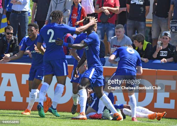 The Chelsea team celebrates Daishawn Redan's goal at the Chelsea FC v FC Porto - UEFA Youth League Semi Final at Colovray Sports Centre on April 20,...