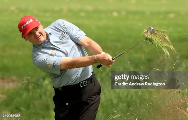 Paul Lawrie of Scotland plays his second shot on the 2nd hole during the second round of the Trophee Hassan II at Royal Golf Dar Es Salam on April...