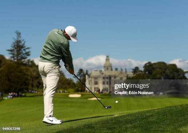 Limerick , Ireland - 20 April 2018; Rory McIlroy of Northern Ireland takes his second shot on the ninth hole during the JP McManus Pro-Am Launch at...