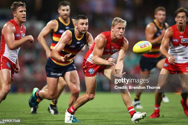 Isaac Heeney of the Swans handpasses during the round five AFL match between the Sydney Swans and the Adelaide Crows at Sydney Cricket Ground on...