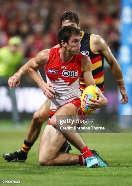 Dean Towers of the Swans controls the ball during the round five AFL match between the Sydney Swans and the Adelaide Crows at Sydney Cricket Ground...