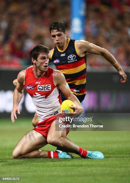 Dean Towers of the Swans controls the ball during the round five AFL match between the Sydney Swans and the Adelaide Crows at Sydney Cricket Ground...