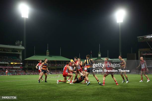 General view of play during the round five AFL match between the Sydney Swans and the Adelaide Crows at Sydney Cricket Ground on April 20, 2018 in...