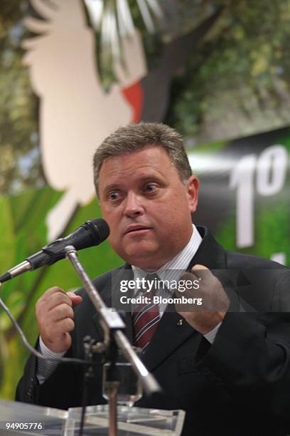Blairo Maggi, the governor of Mato Grosso in Brazil and the world's biggest soybean farmer, speaks at the opening of an environmental conference in...