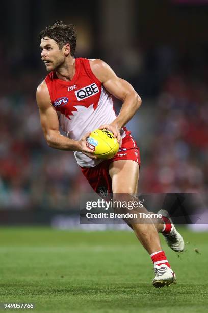 Dane Rampe of the Swans runs the ball during the round five AFL match between the Sydney Swans and the Adelaide Crows at Sydney Cricket Ground on...