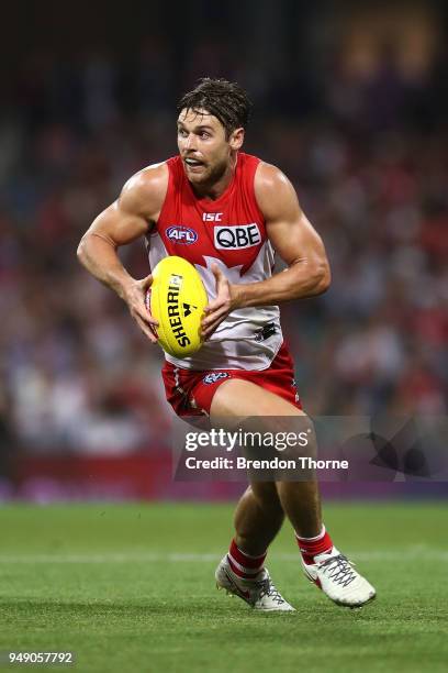 Dane Rampe of the Swans runs the ball during the round five AFL match between the Sydney Swans and the Adelaide Crows at Sydney Cricket Ground on...