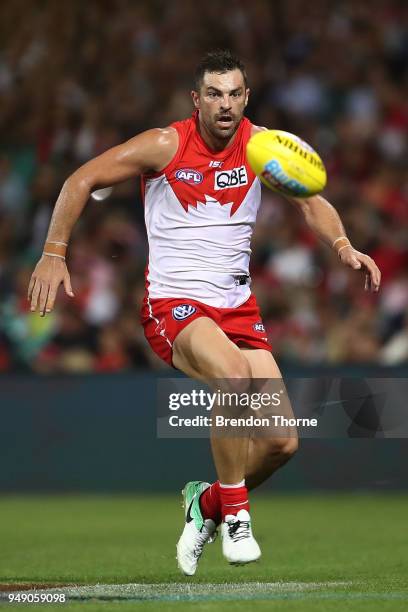 Heath Grundy of the Swans runs after a loose ball during the round five AFL match between the Sydney Swans and the Adelaide Crows at Sydney Cricket...