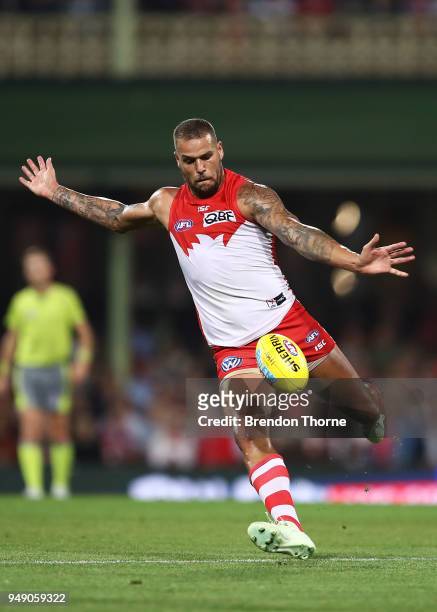 Lance Franklin of the Swans kicks during the round five AFL match between the Sydney Swans and the Adelaide Crows at Sydney Cricket Ground on April...