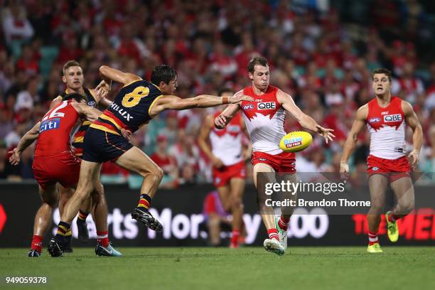 Harry Cunningham of the Swans kicks during the round five AFL match between the Sydney Swans and the Adelaide Crows at Sydney Cricket Ground on April...