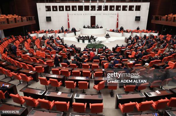 Picture taken on April 20, 2018 in Ankara shows a general view of the Grand National Assembly of Turkey as debate motion on proposed early...