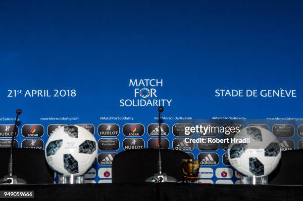 Feature of logo and the Official match balls before the Press Conference of Match for Solidarity on April 20, 2018 at Grand Hotel Kempinski in...