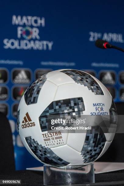 Feature of the Official match ball before the Press Conference of Match for Solidarity on April 20, 2018 at Grand Hotel Kempinski in Geneva,...