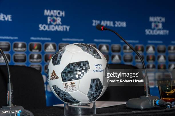 Feature of the Official match ball before the Press Conference of Match for Solidarity on April 20, 2018 at Grand Hotel Kempinski in Geneva,...