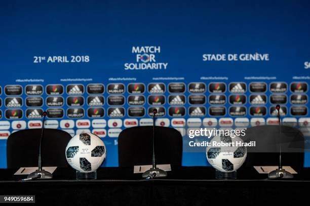 The official match balls are being placed on the table before the Press Conference of Match for Solidarity on April 20, 2018 at Grand Hotel Kempinski...