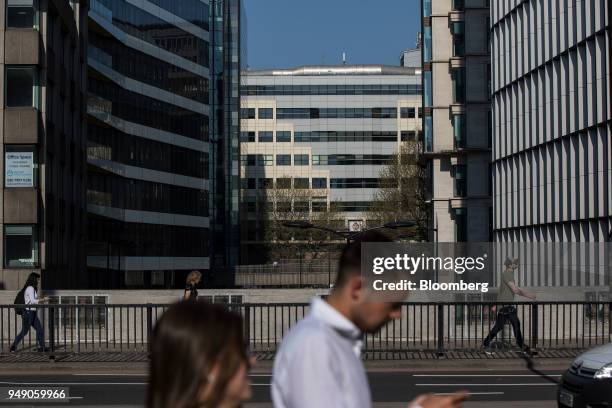 Pedestrians pass Cannon Bridge House in London, U.K., on Friday, April 20, 2018. Foreign investors are less worried about the impact of Britain's...