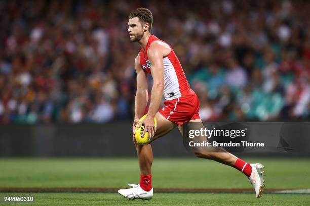 Harry Marsh of the Swans kicks during the round five AFL match between the Sydney Swans and the Adelaide Crows at Sydney Cricket Ground on April 20,...