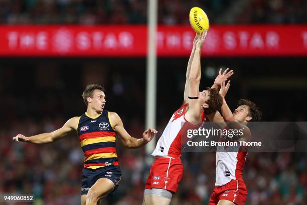 Gary Rohan ans Oliver Florent of the Swans attempt a mark during the round five AFL match between the Sydney Swans and the Adelaide Crows at Sydney...