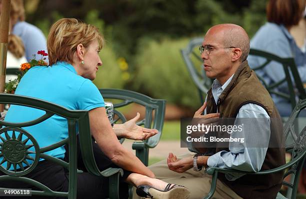Jeffrey Katzenberg of DreamWorks SKG talks with Carly Fiorina of Hewlett-Packard Company near the Inn during a lunch break in the Allen & CO...