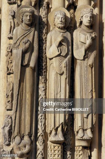 Chartres, the cathedral. To the west, between the two towers topped with spires, the Royal Portal was spared from the fire of 1194. Masterpiece of...