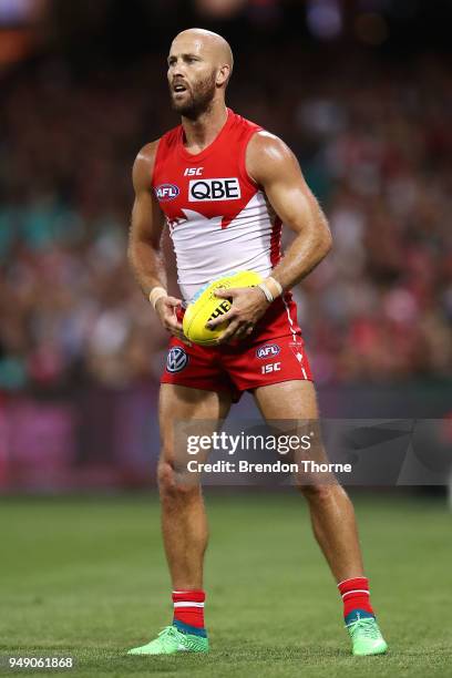 Jarrad McVeight of the Swans prepares to kick during the round five AFL match between the Sydney Swans and the Adelaide Crows at Sydney Cricket...