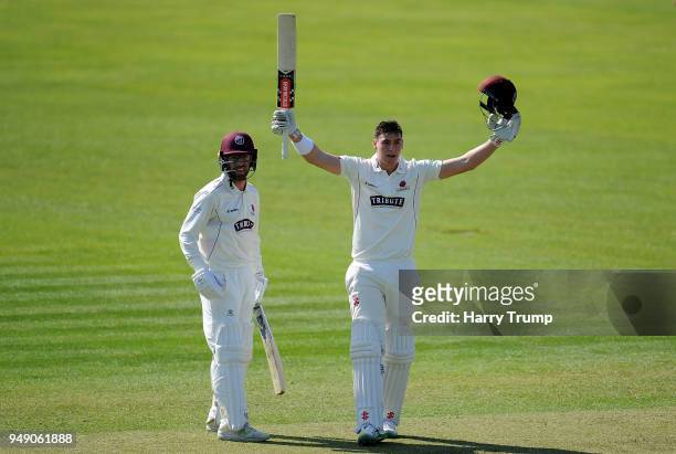 Matt Renshaw of Somerset celebrates his century during Day One of the Specsavers County Championship Division One match between Somerset and...