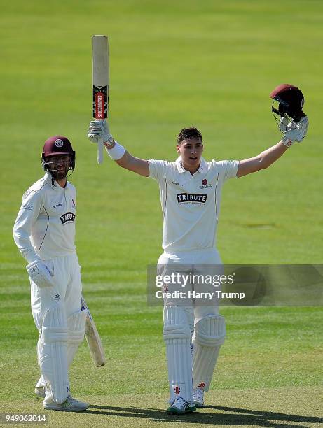 Matt Renshaw of Somerset celebrates his century during Day One of the Specsavers County Championship Division One match between Somerset and...