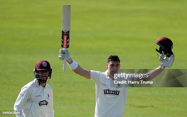 Matt Renshaw of Somerset celebrates his century during Day One of the Specsavers County Championship Division One match between Somerset and...