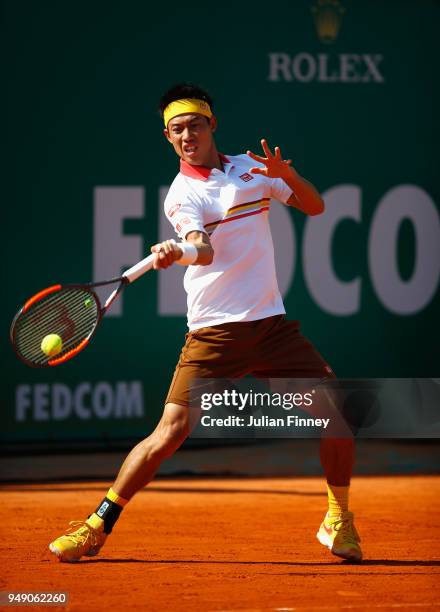 Kei Nishikori of Japan in action in his singles match against Marin Cilic of Croatia during day six of ATP Masters Series: Monte Carlo Rolex Masters...