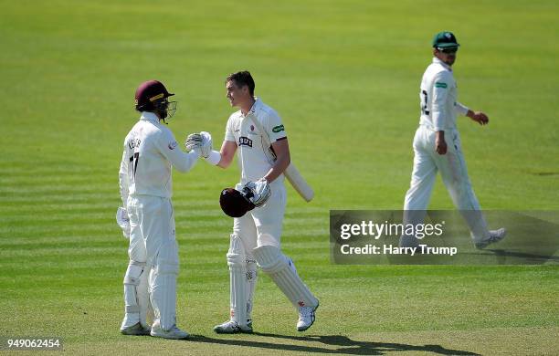 Matt Renshaw of Somerset celebrates his century during Day One of the Specsavers County Championship Division One match between Somerset and...