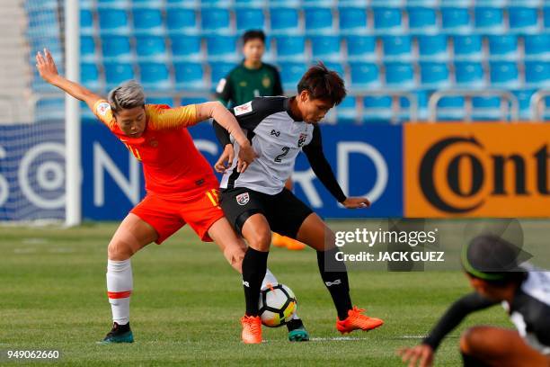 China's forward Ying Li vies for the ball with Thailand's defender Kanjanaporn Saenkhunt during the AFC Women's Asian Cup match for third place...