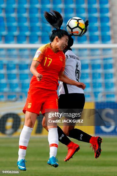 China's forward Yasha Gu vies for the ball with Thailand's midfielder Pikul Khueanpet during the AFC Women's Asian Cup match for third place between...