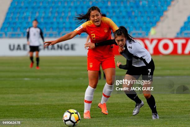 Thailand's midfielder Silawan Intamee vies for the ball with China's defender Shanshan Liu during the AFC Women's Asian Cup match for third place...