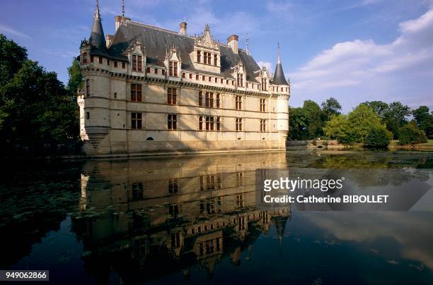 The castle of Azay-le-Rideau. This Italian architectural style castle, designed according to the Venitian mode of construction, rises from a pond...