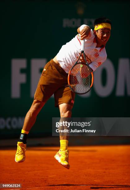 Kei Nishikori of Japan in action in his singles match against Marin Cilic of Croatia during day six of ATP Masters Series: Monte Carlo Rolex Masters...