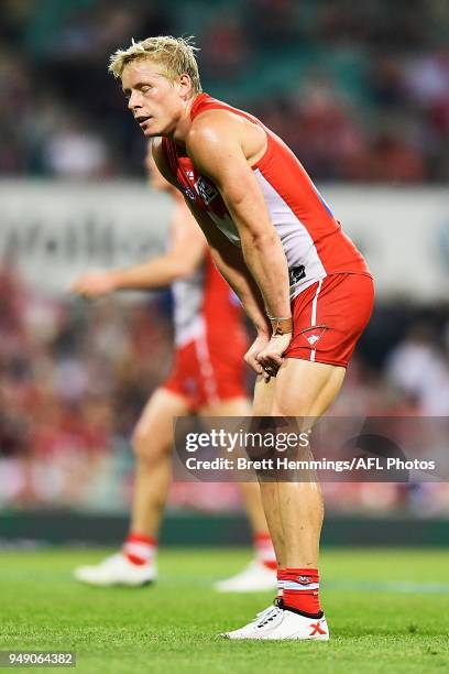 Isaac Heeney of the Swans reacts after missing shot at goal during the round five AFL match between the Sydney Swans and the Adelaide Crows at Sydney...