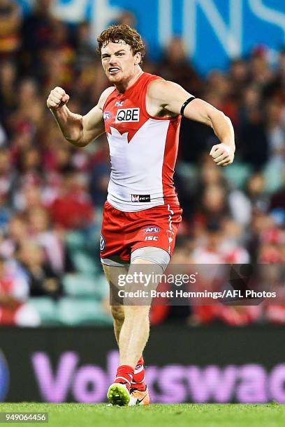 Gary Rohan of the Swans celebrates kicking a goal during the round five AFL match between the Sydney Swans and the Adelaide Crows at Sydney Cricket...