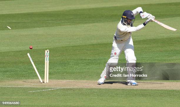 Zak Crawley of Kent is bowled during day one of the SpecSavers County Championship Division Two match between Durham and Kent at the Emirates...