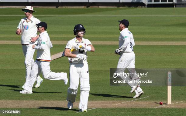 Joe Denly of Kent is out, bowled by Paul Collingwood of Durham during day one of the SpecSavers County Championship Division Two match between Durham...