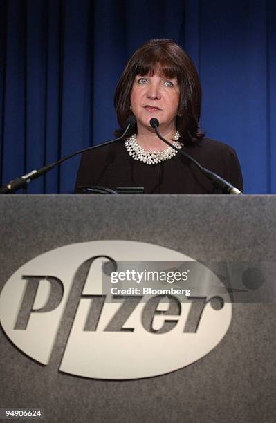 Karen Katen, President of Pfizer Pharmaceutical Group and EVP Pfizer, Inc. Speaks at a news conference announcing Pfizer's plan to launch a...