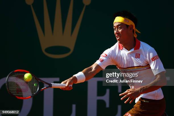 Kei Nishikori of Japan in action during his singles match against Marin Cilic of Croatia during day six of ATP Masters Series: Monte Carlo Rolex...