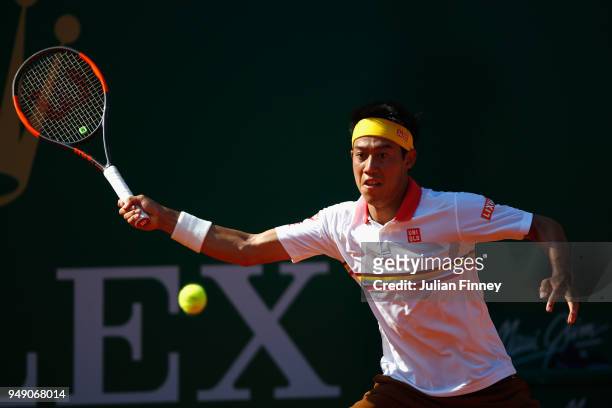 Kei Nishikori of Japan in action during his singles match against Marin Cilic of Croatia during day six of ATP Masters Series: Monte Carlo Rolex...