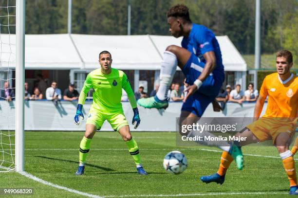 Goalie Diogo Costa of FC Porto in action during the semi-final football match between Chelsea FC and FC Porto of UEFA Youth League at Colovray Sports...