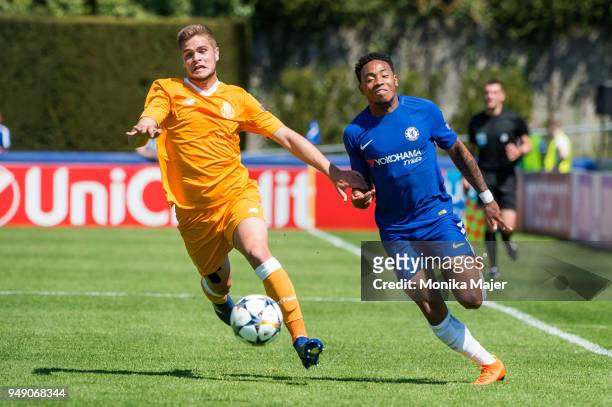 Diogo Queiros of FC Porto vies with Juan Familio-Castillo of Chelsea FC during the semi-final football match between Chelsea FC and FC Porto of UEFA...