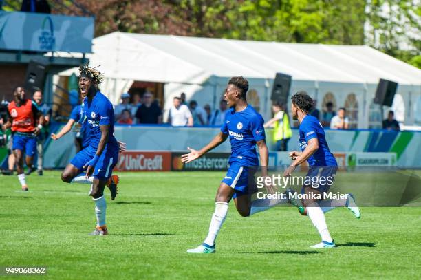 Chelsea team players celebrate after their win at the semi-final football match between Chelsea FC and FC Porto of UEFA Youth League at Colovray...