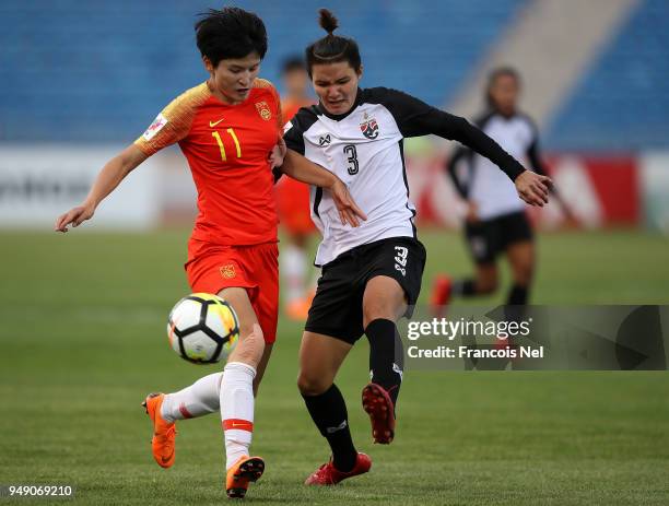 Wang Shanshan of China and Natthakarn Chinwong of Thailand in action during the AFC Women's Asian Cup third place match between China and Thailand at...