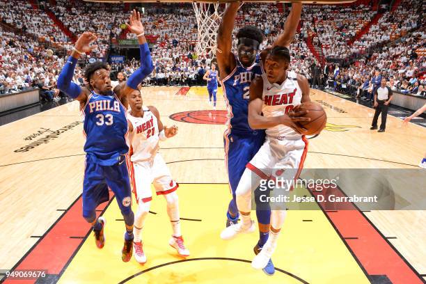Josh Richardson of the Miami Heat drives to the basket against Joel Embiid of the Philadelphia 76ers in Game Three of Round One of the 2018 NBA...