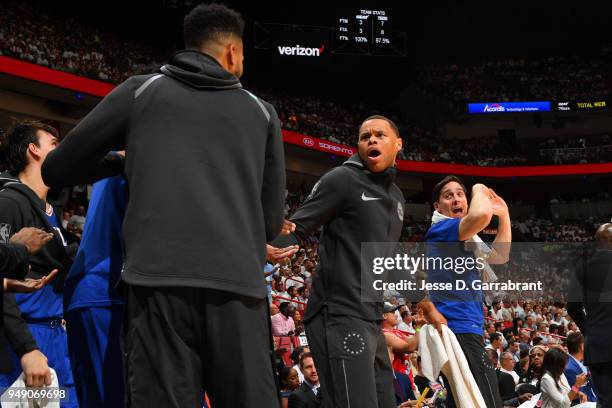 Justin Anderson of the Philadelphia 76ers celebrates from the bench during the game against the Miami Heat in Game Three of Round One of the 2018 NBA...